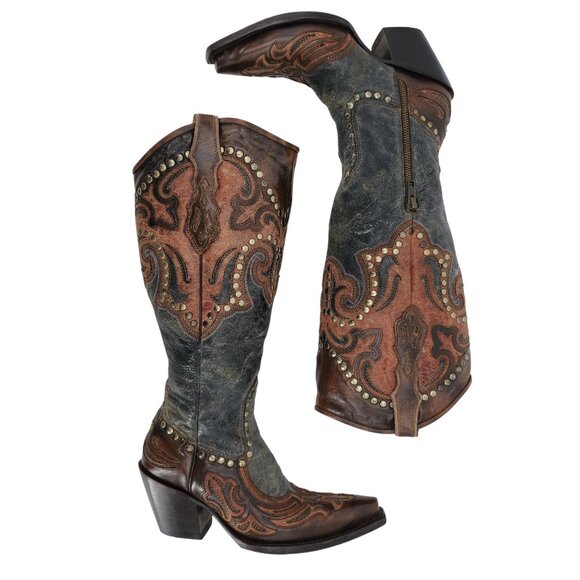 Corral Cowgirl Women's 6M Tall Brown Gray Studded Leather Cowboy Western Boots - Picture 5 of 14
